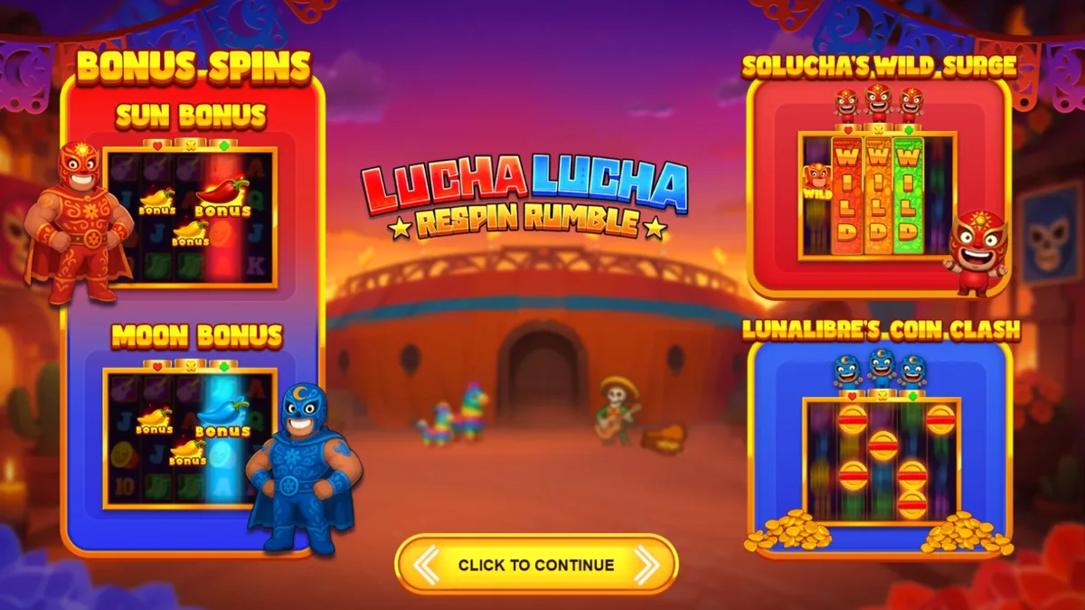 Lucha Lucha Respin Rumble slot game display with vibrant wrestling theme