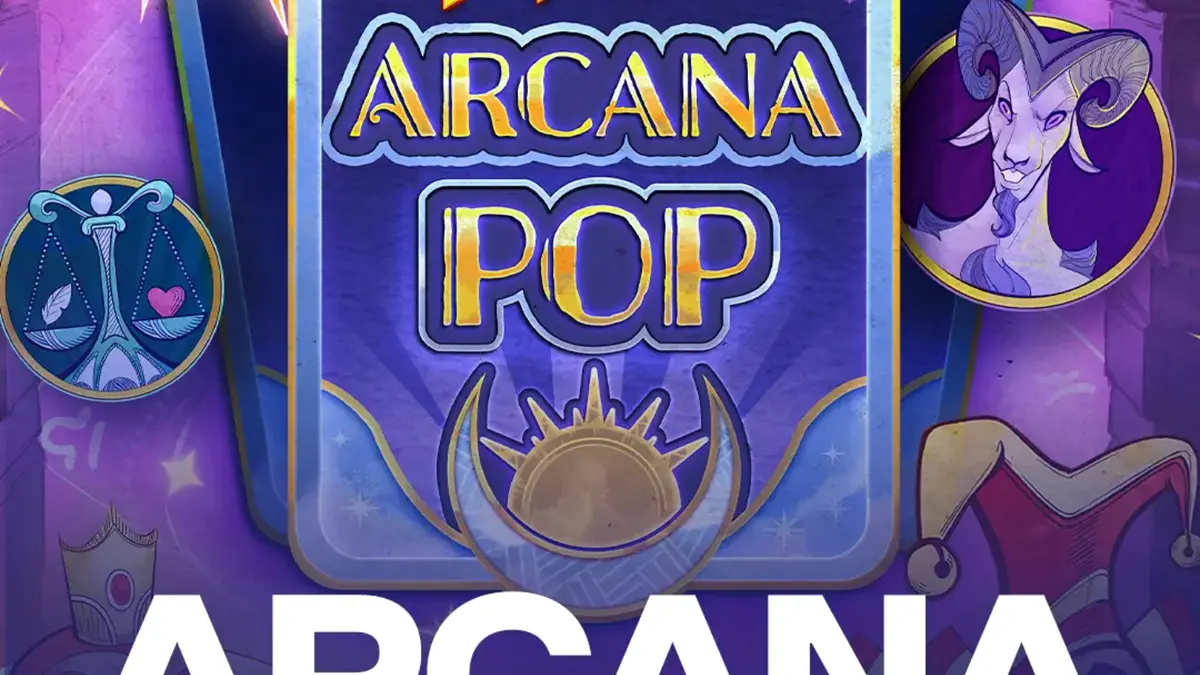 Tampilan visual slot Arcana Pop dengan tema tarot dan simbol mistis